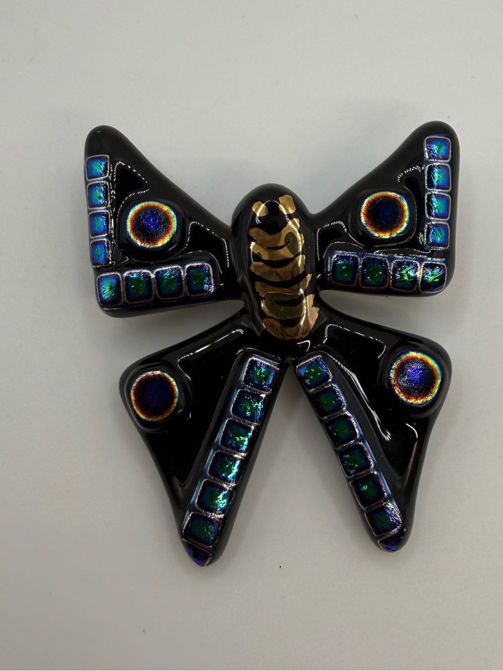 Iridescent Butterfly Brooch Black Rainbow Gold Tone Statement Pin
